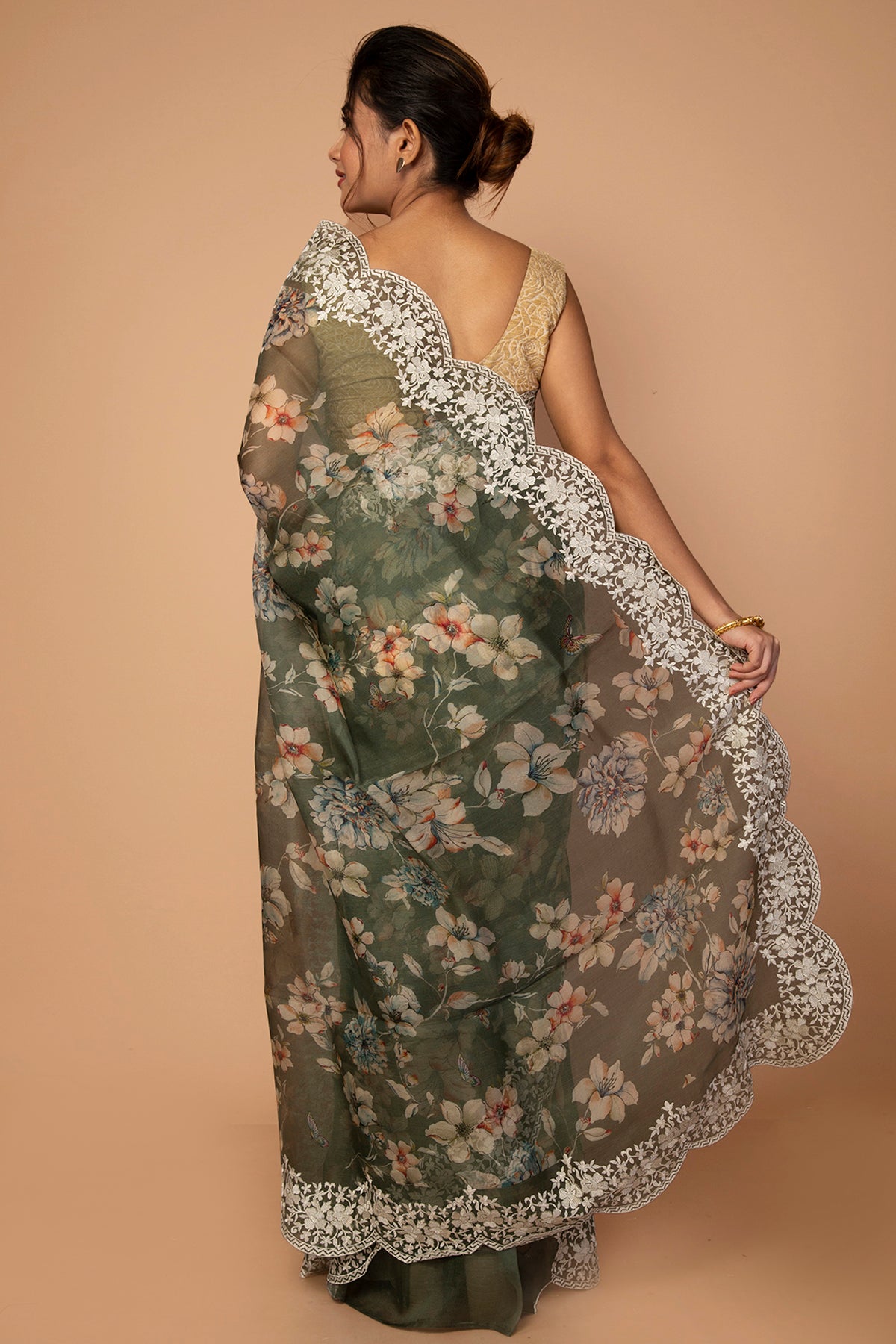 Organza Floral Printed Sage Green Saree With Scallop Border