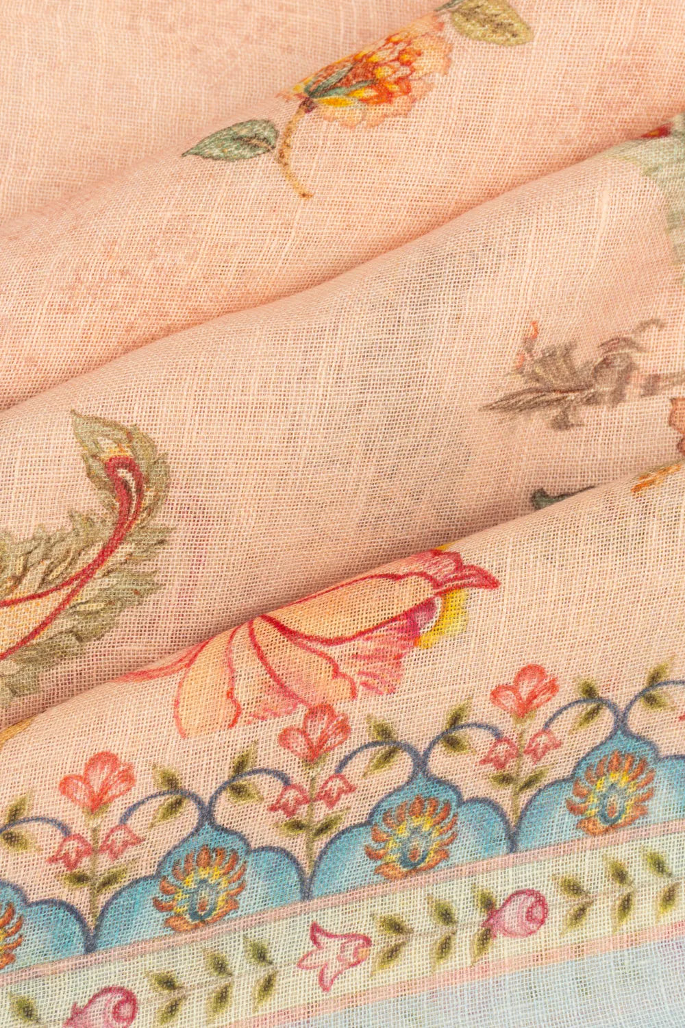 Linen Floral Printed Pastel Orange Saree
