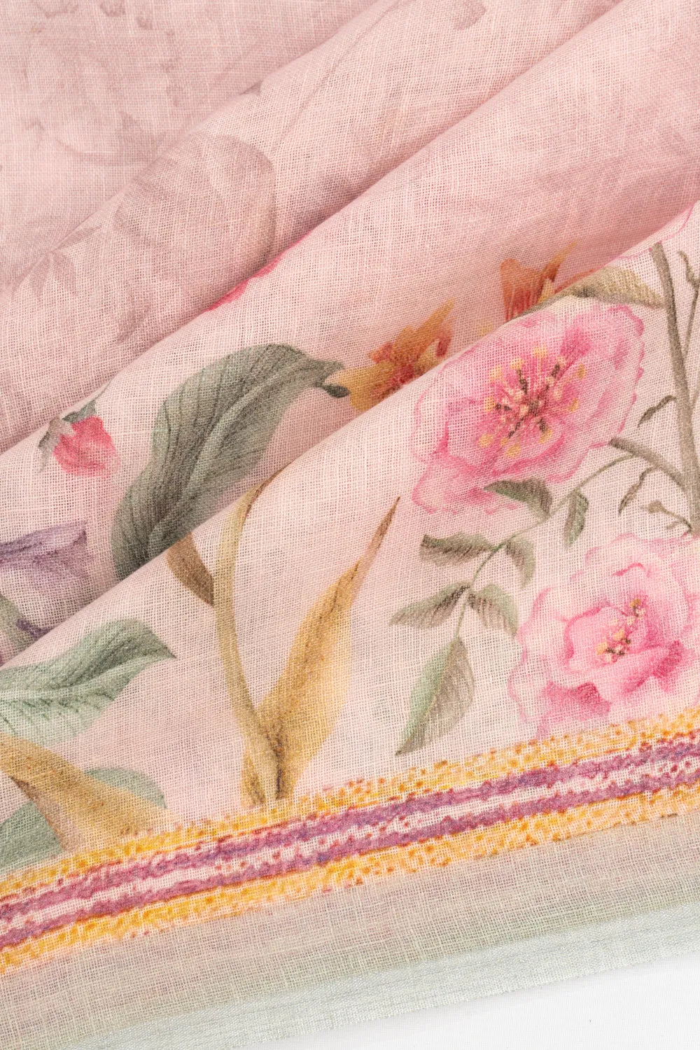 Linen Floral Printed Baby Pink Saree