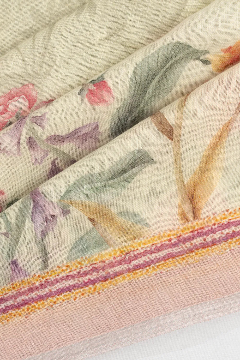 Linen Floral Printed Off White Saree