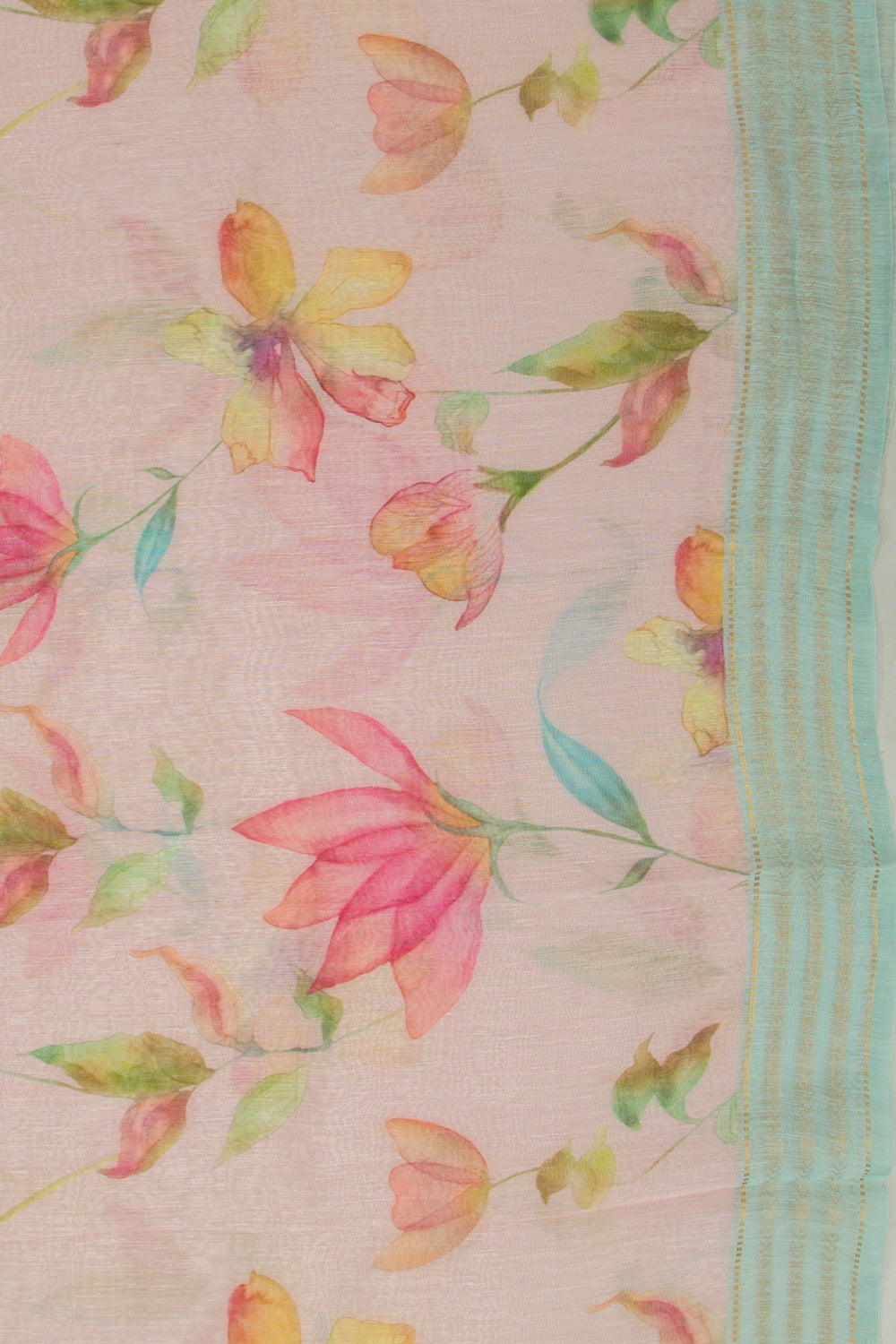 Linen Floral Printed Baby Pink Saree