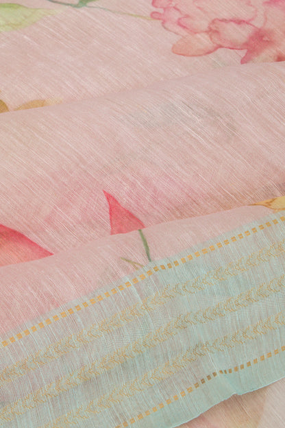 Linen Floral Printed Baby Pink Saree