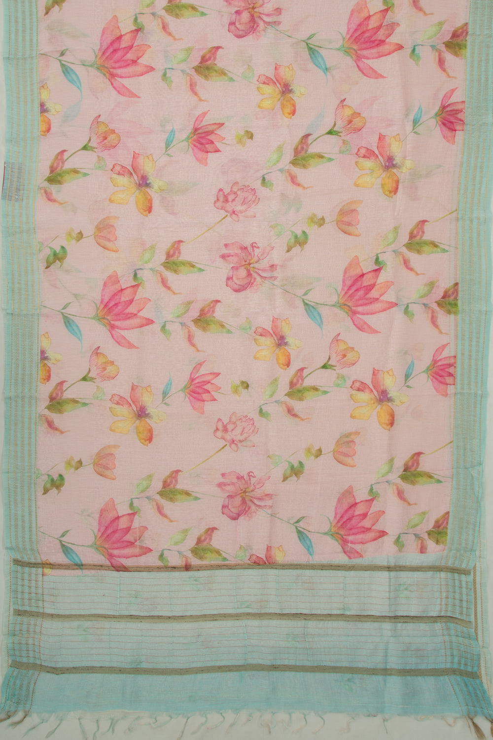 Linen Floral Printed Baby Pink Saree