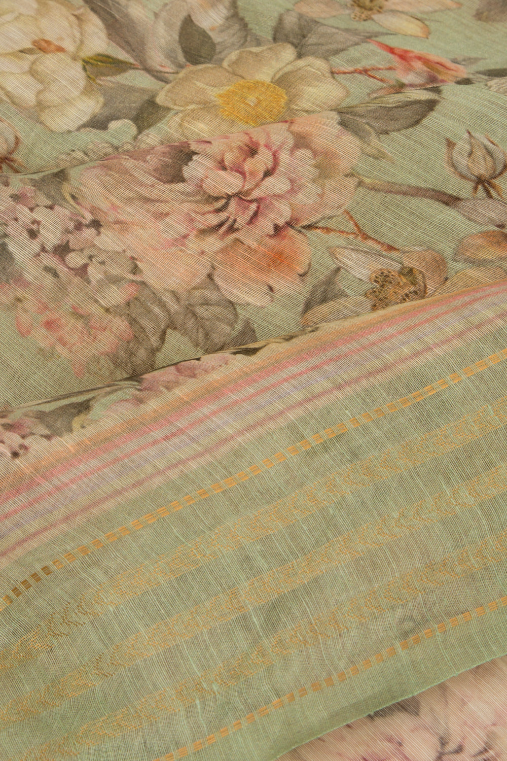 Linen Floral Printed Pastel Green Saree