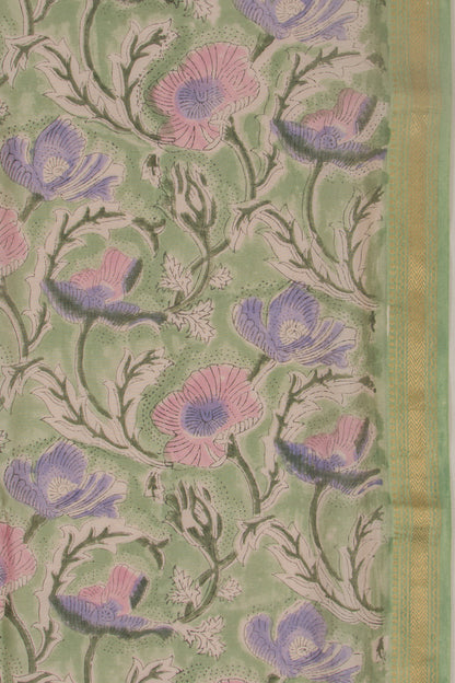 Chanderi Cotton Floral Printed Green Saree