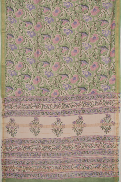 Chanderi Cotton Floral Printed Green Saree