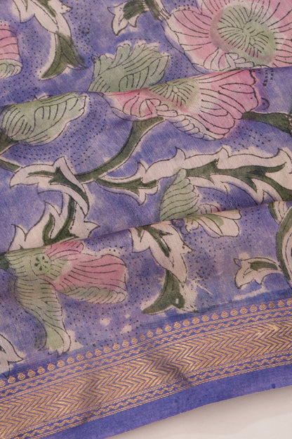 Chanderi Cotton Floral Printed Blue Saree