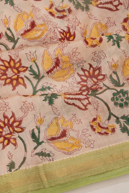 Chanderi Cotton Floral Printed Cream Saree
