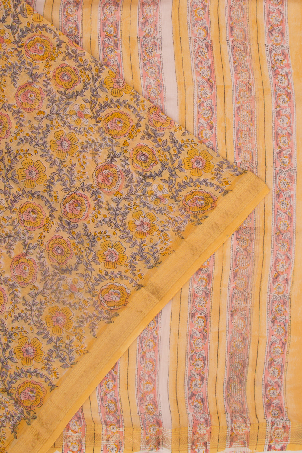 Chanderi Cotton Floral Printed Yellow Saree