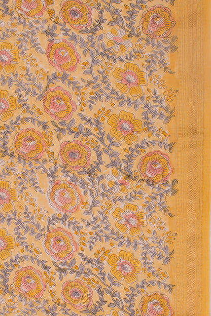 Chanderi Cotton Floral Printed Yellow Saree