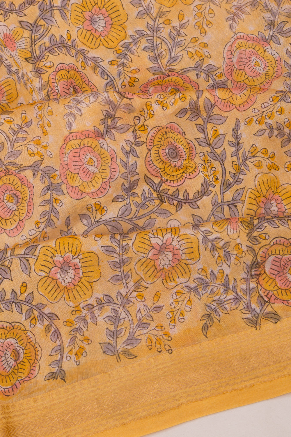 Chanderi Cotton Floral Printed Yellow Saree