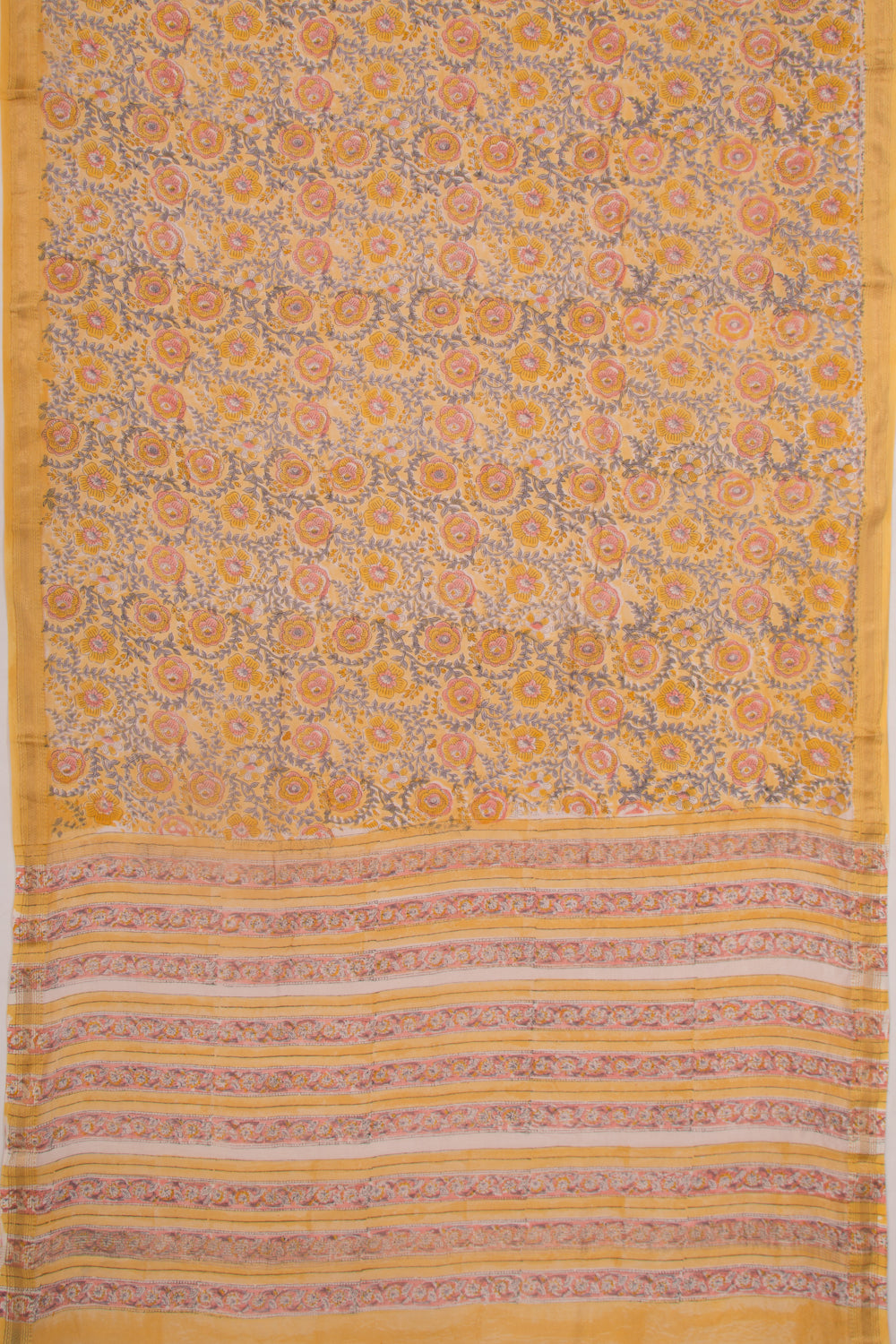 Chanderi Cotton Floral Printed Yellow Saree