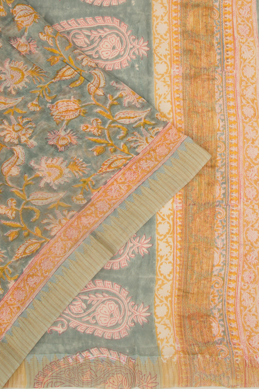 Chanderi Cotton Floral Printed Green Saree