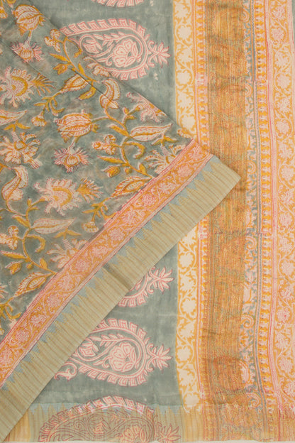 Chanderi Cotton Floral Printed Green Saree