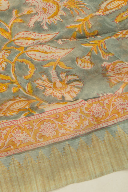 Chanderi Cotton Floral Printed Green Saree