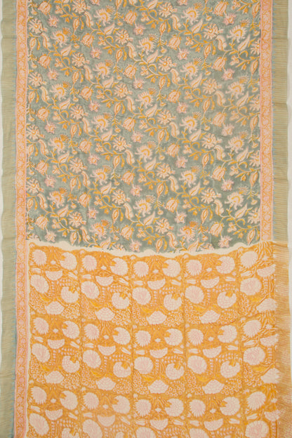 Chanderi Cotton Floral Printed Green Saree