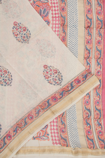 Chanderi Cotton Floral Printed Butta White Saree