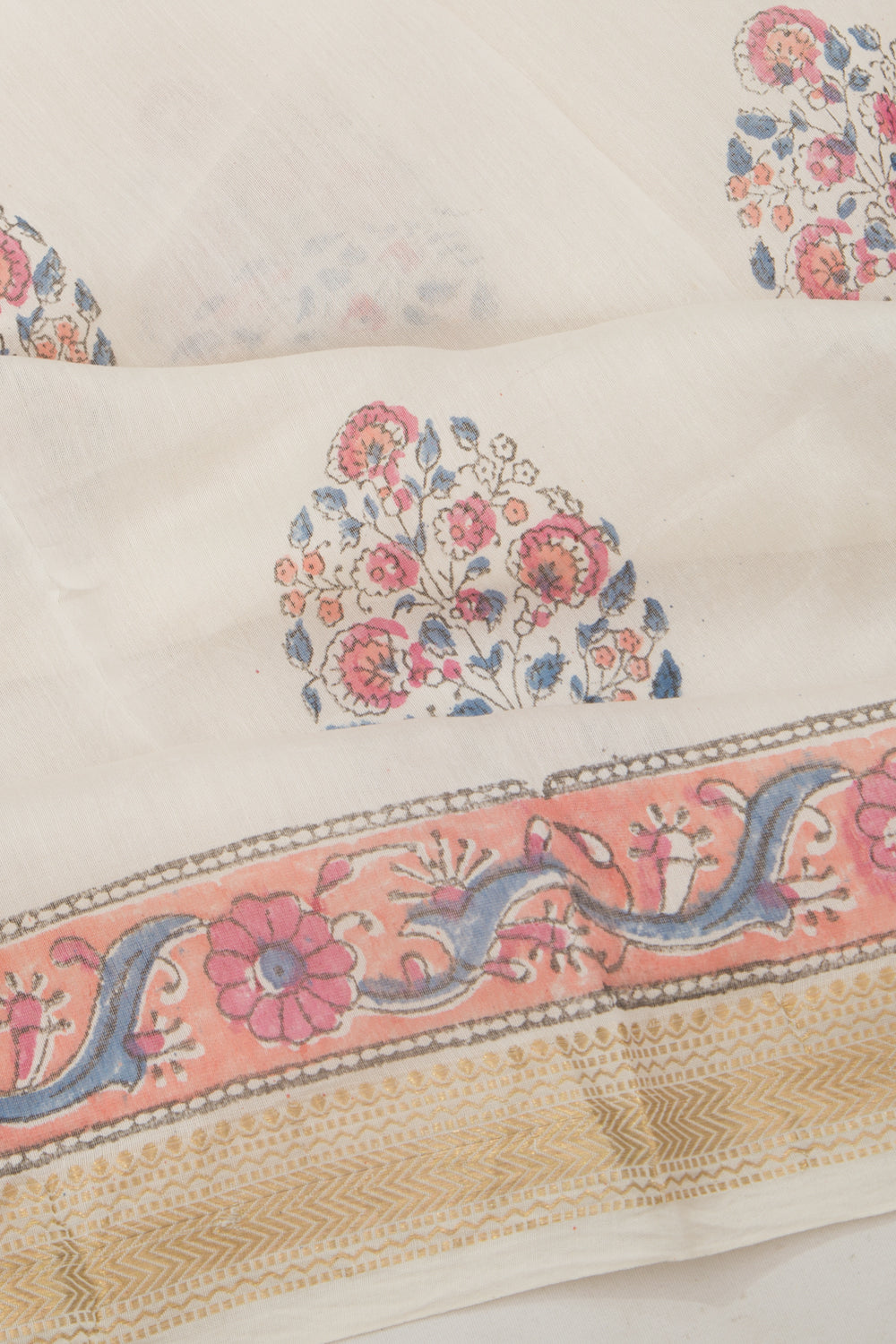 Chanderi Cotton Floral Printed Butta White Saree