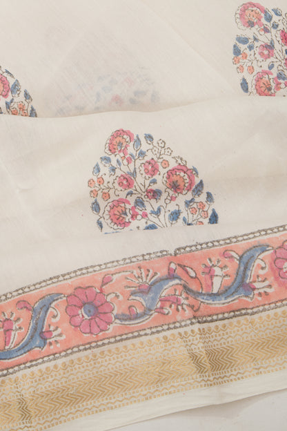 Chanderi Cotton Floral Printed Butta White Saree