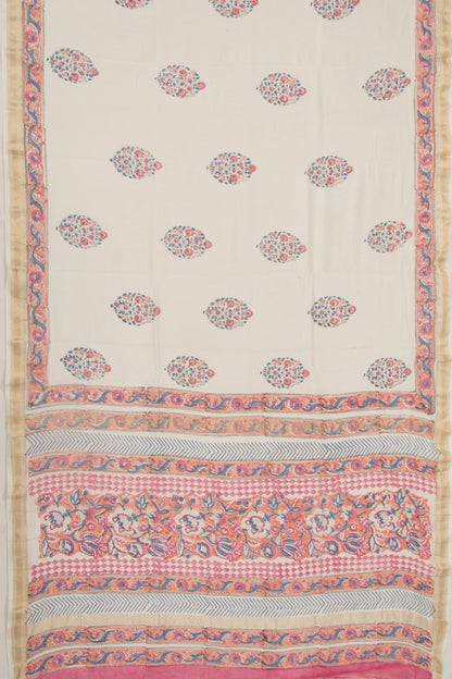 Chanderi Cotton Floral Printed Butta White Saree