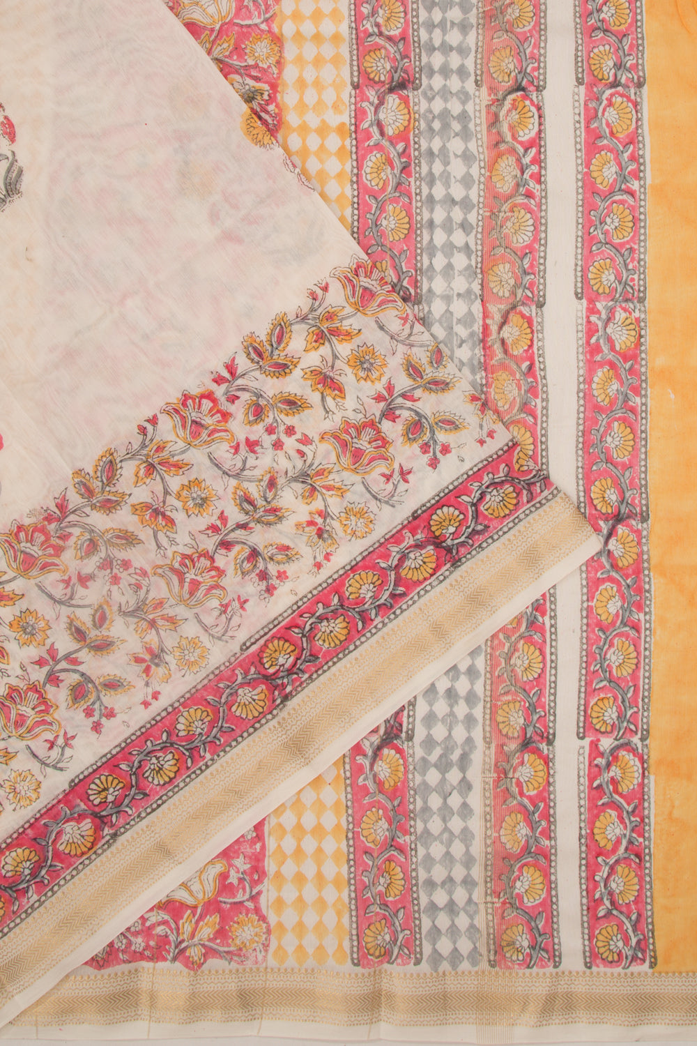 Chanderi Cotton Floral Printed Butta White Saree