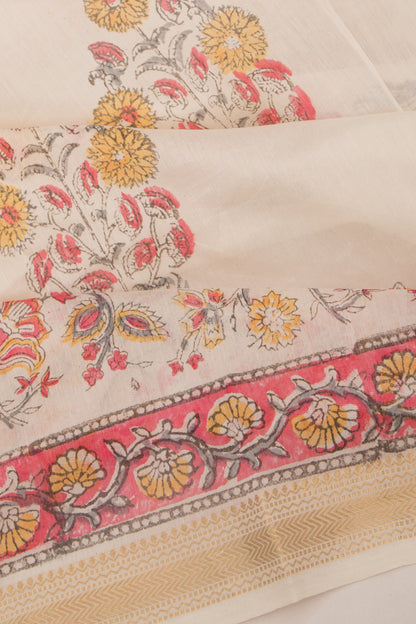 Chanderi Cotton Floral Printed Butta White Saree
