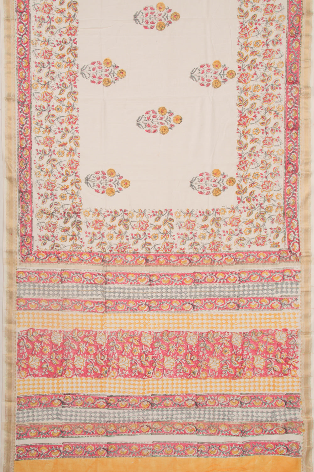 Chanderi Cotton Floral Printed Butta White Saree