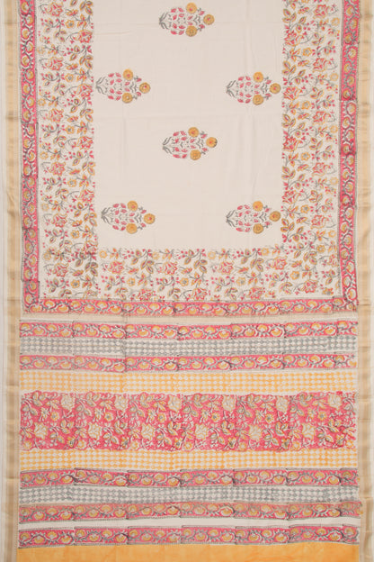 Chanderi Cotton Floral Printed Butta White Saree