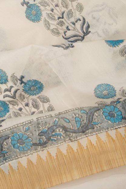 Chanderi Cotton Floral Printed Butta White Saree