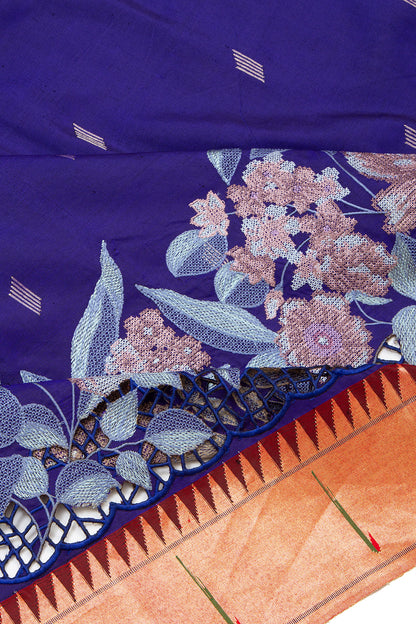 Paithani Silk Butta Dark Blue Saree With Cut Work