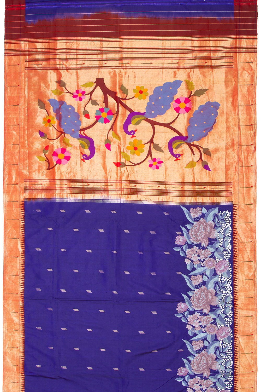 Paithani Silk Butta Dark Blue Saree With Cut Work
