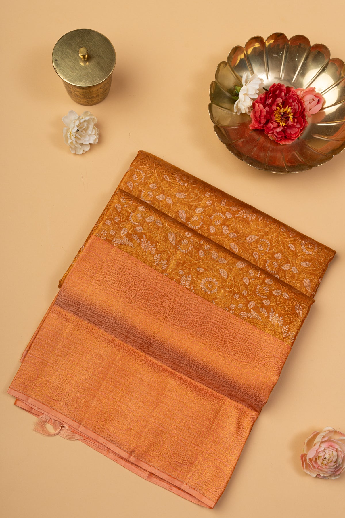 Kanchipuram Silk Tissue Brocade Orange Saree