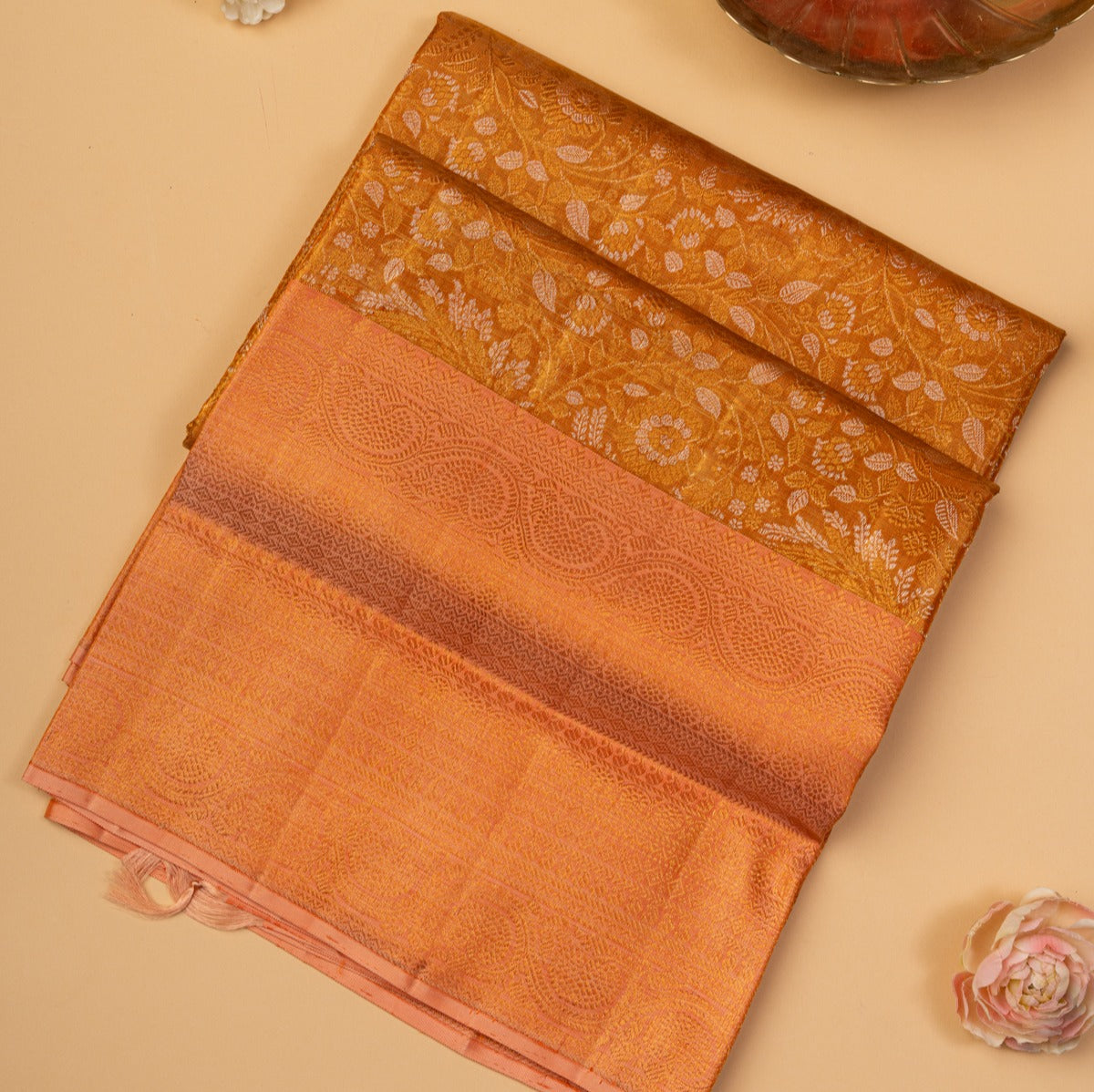 Kanchipuram Silk Tissue Brocade Orange Saree