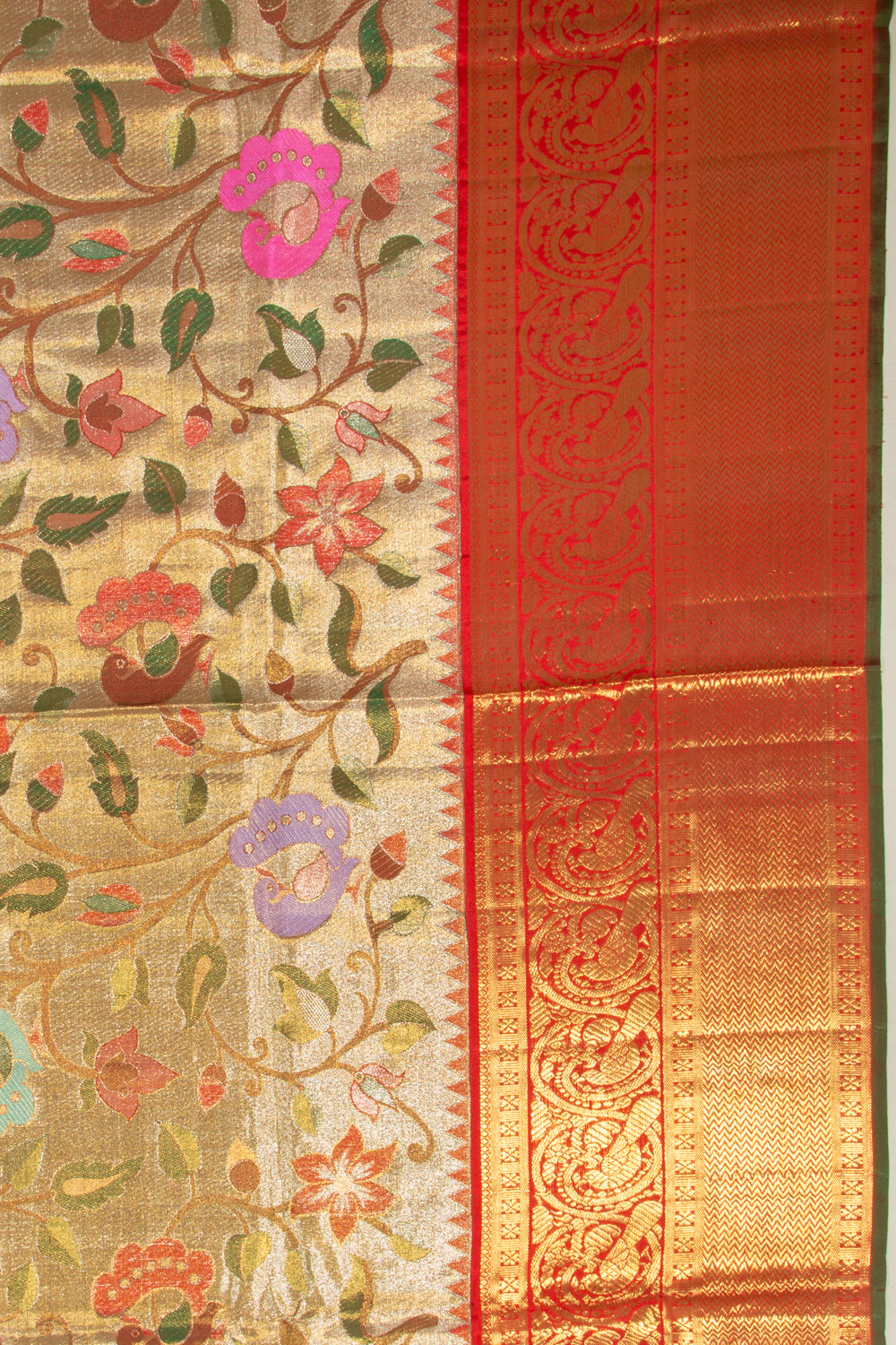 Kanchipuram Silk Tissue Jaal Gold Saree With Paithani Inspired Body And Pallu