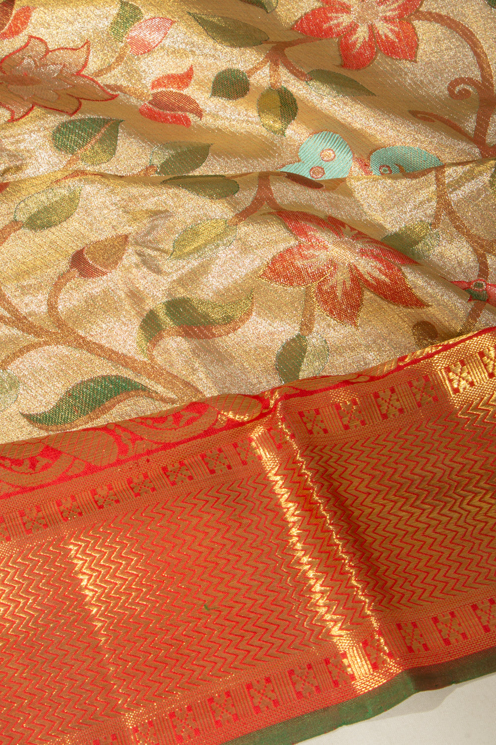 Kanchipuram Silk Tissue Jaal Gold Saree With Paithani Inspired Body And Pallu