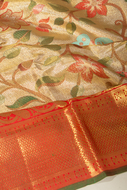 Kanchipuram Silk Tissue Jaal Gold Saree With Paithani Inspired Body And Pallu