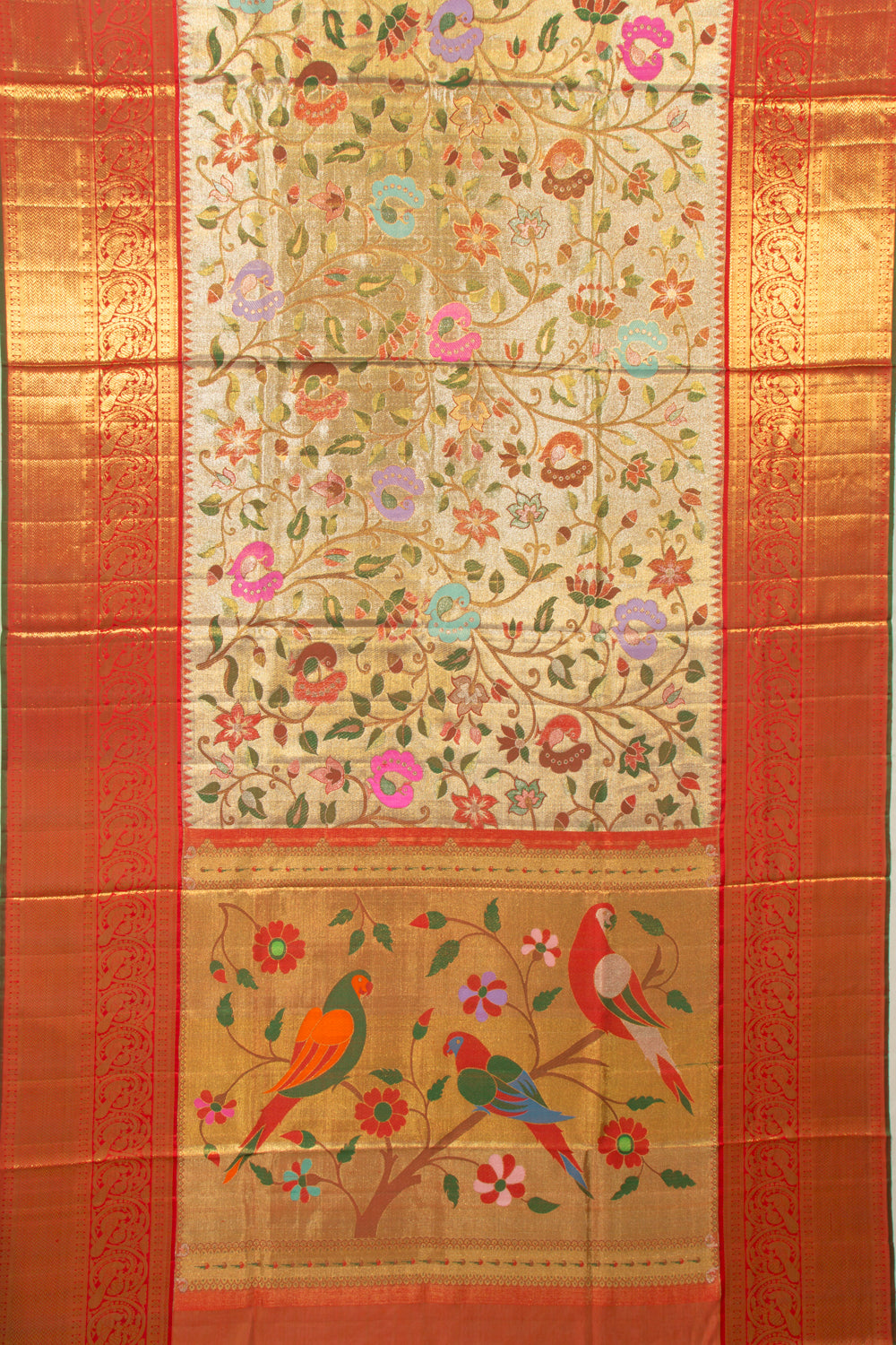 Kanchipuram Silk Tissue Jaal Gold Saree With Paithani Inspired Body And Pallu