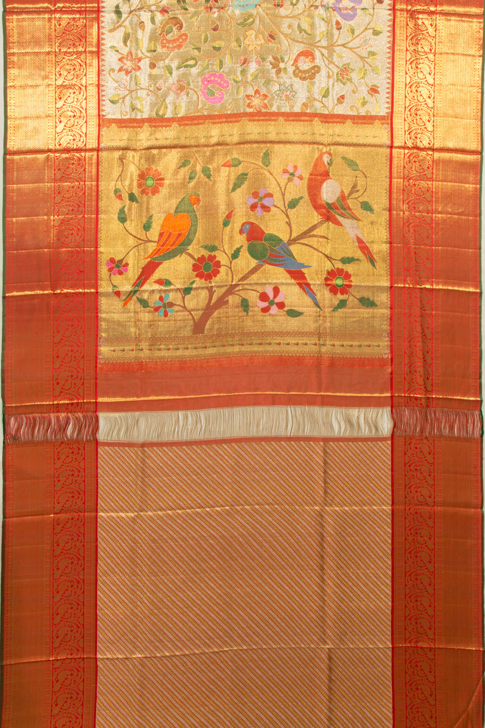 Kanchipuram Silk Tissue Jaal Gold Saree With Paithani Inspired Body And Pallu
