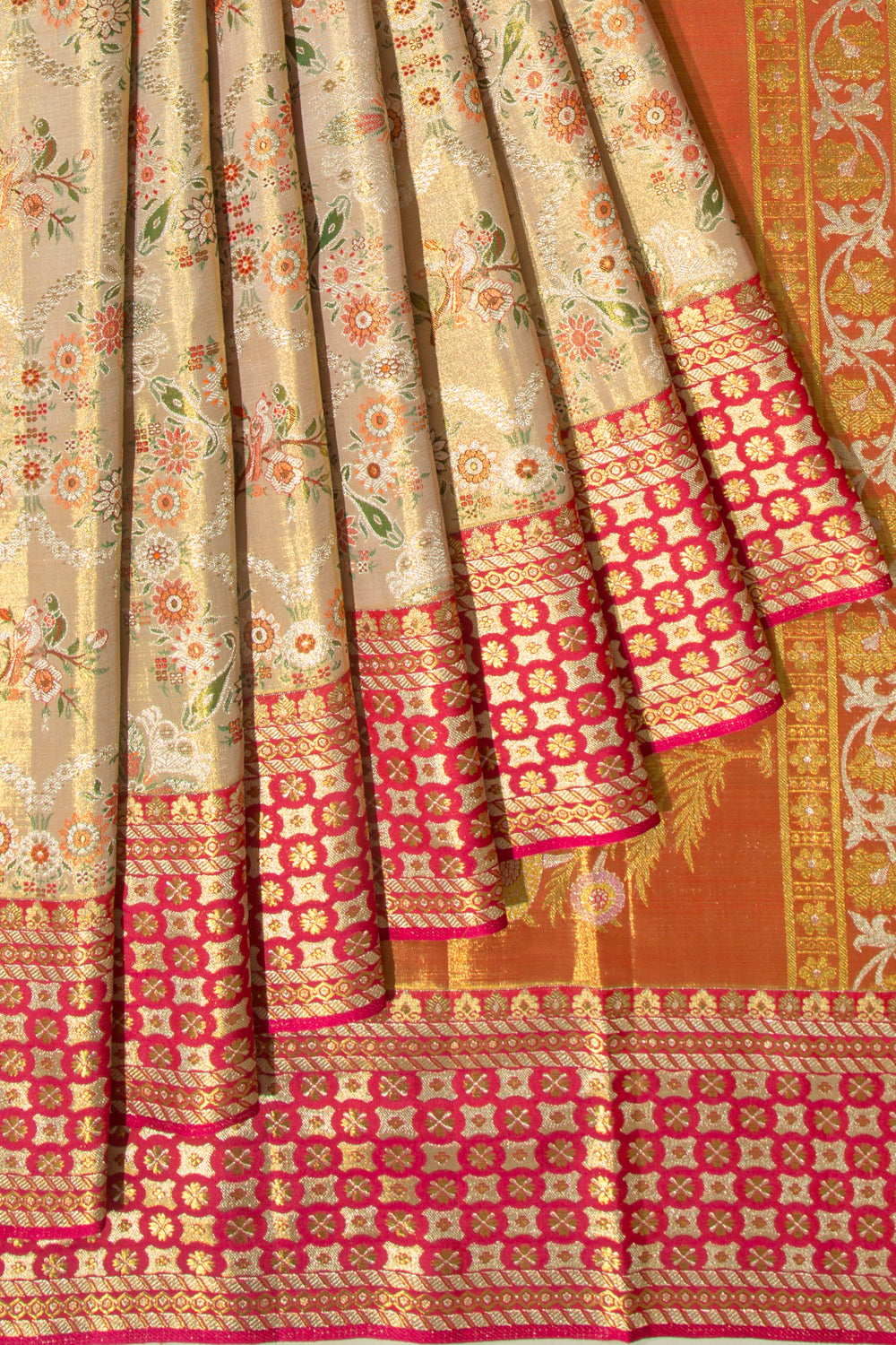 Kanchipuram Silk Tissue Brocade Cream Saree