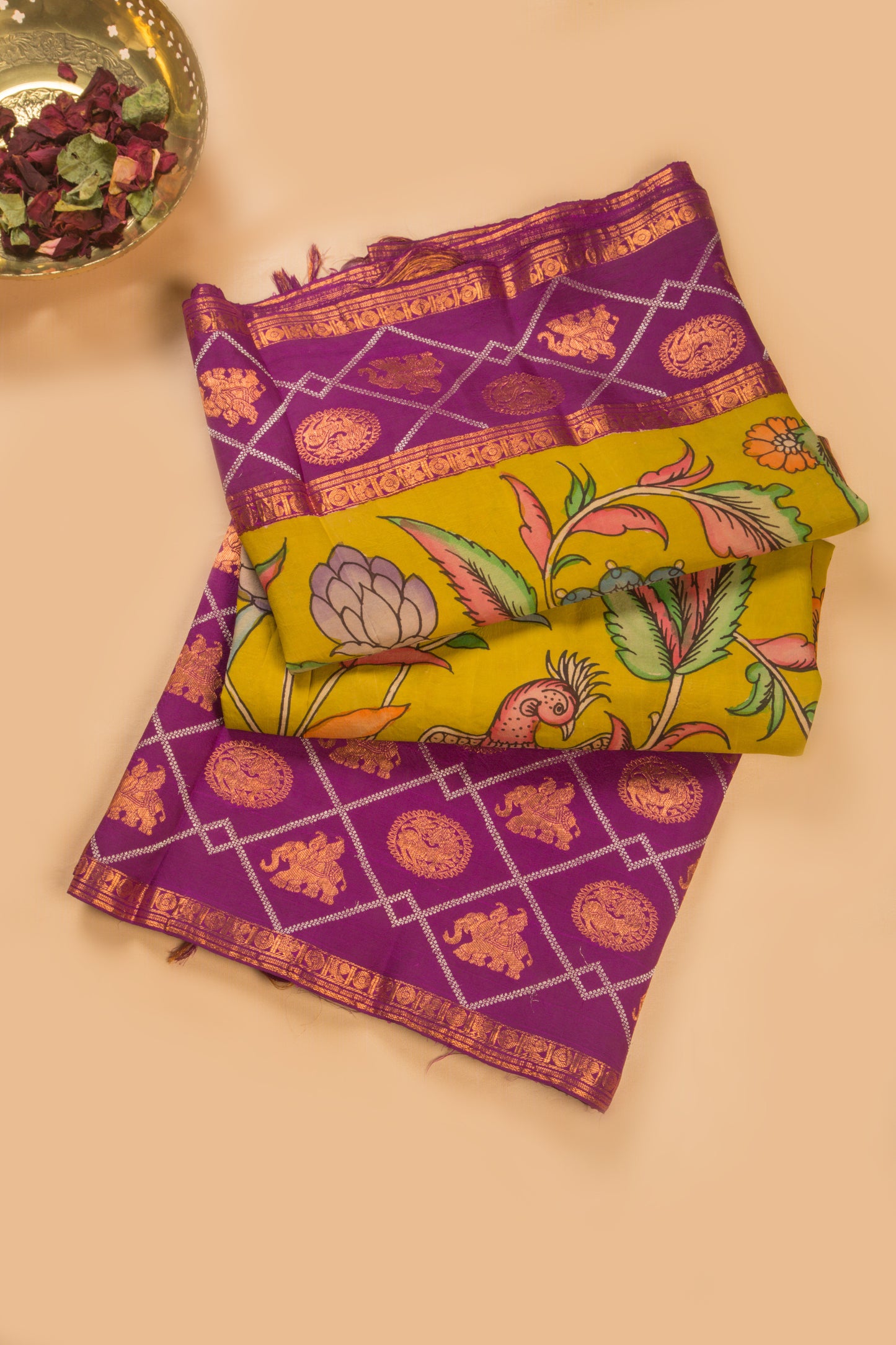 Kanchipuram Silk Handpainted Kalamkari Mehendi Green Saree