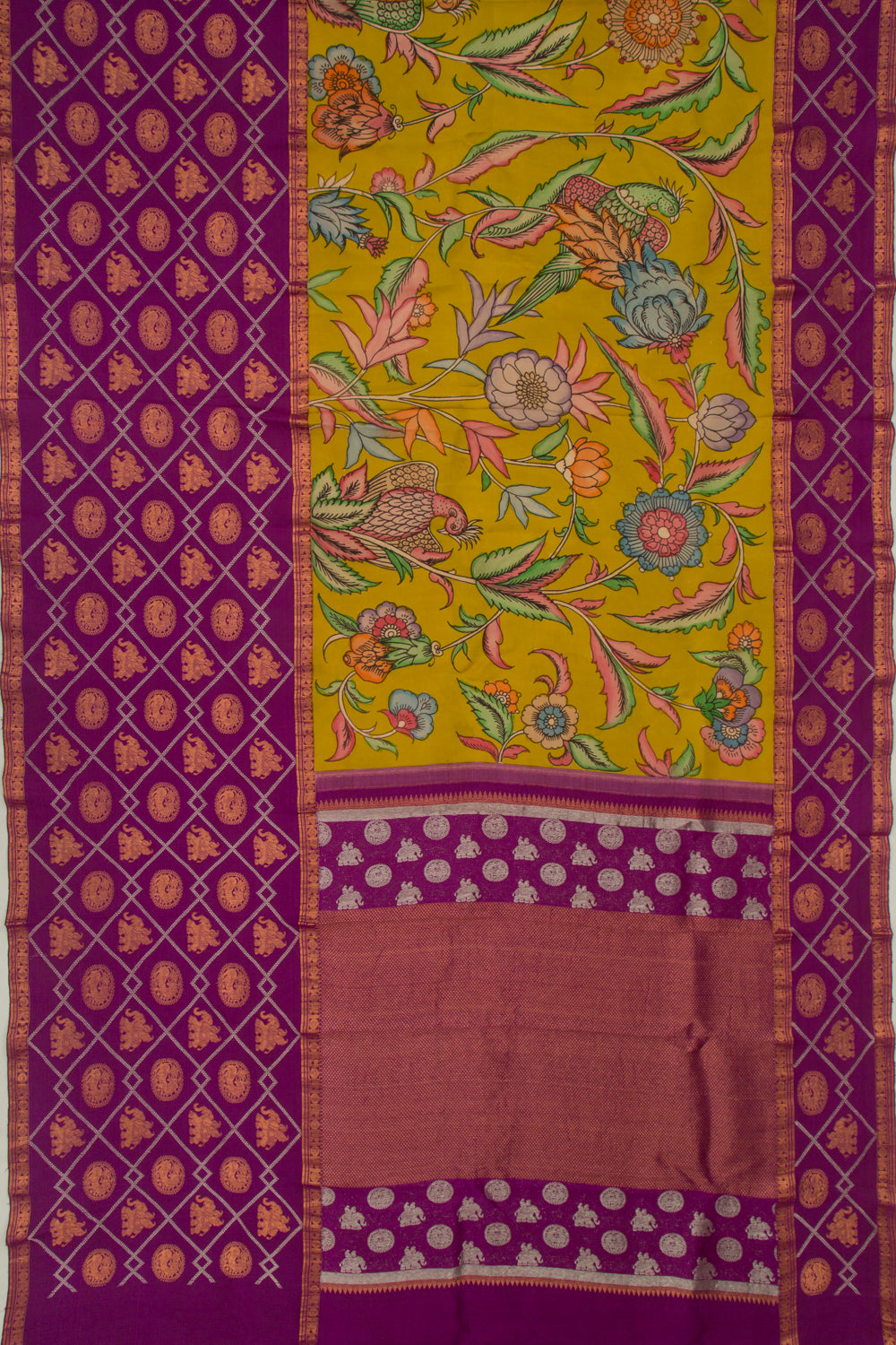 Kanchipuram Silk Handpainted Kalamkari Mehendi Green Saree