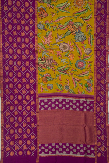Kanchipuram Silk Handpainted Kalamkari Mehendi Green Saree