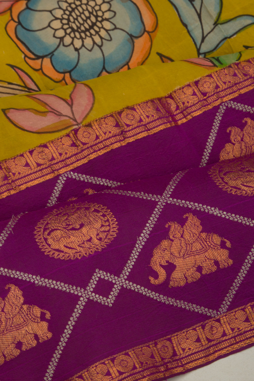Kanchipuram Silk Handpainted Kalamkari Mehendi Green Saree
