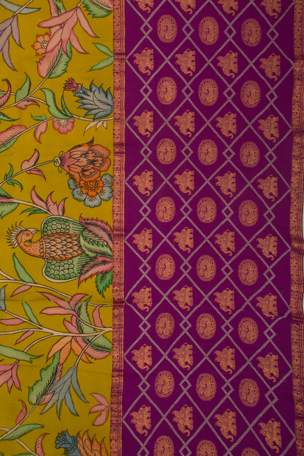 Kanchipuram Silk Handpainted Kalamkari Mehendi Green Saree