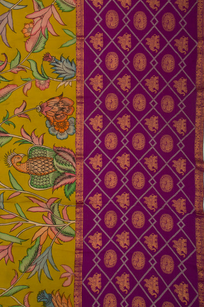 Kanchipuram Silk Handpainted Kalamkari Mehendi Green Saree