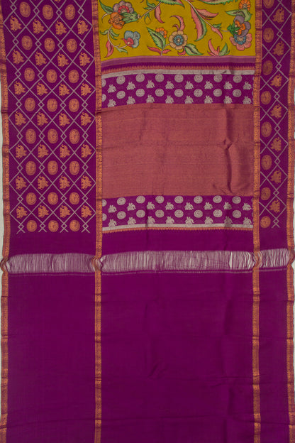 Kanchipuram Silk Handpainted Kalamkari Mehendi Green Saree