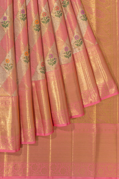 Kanchipuram Silk Tissue Butta Pink And Silver Saree