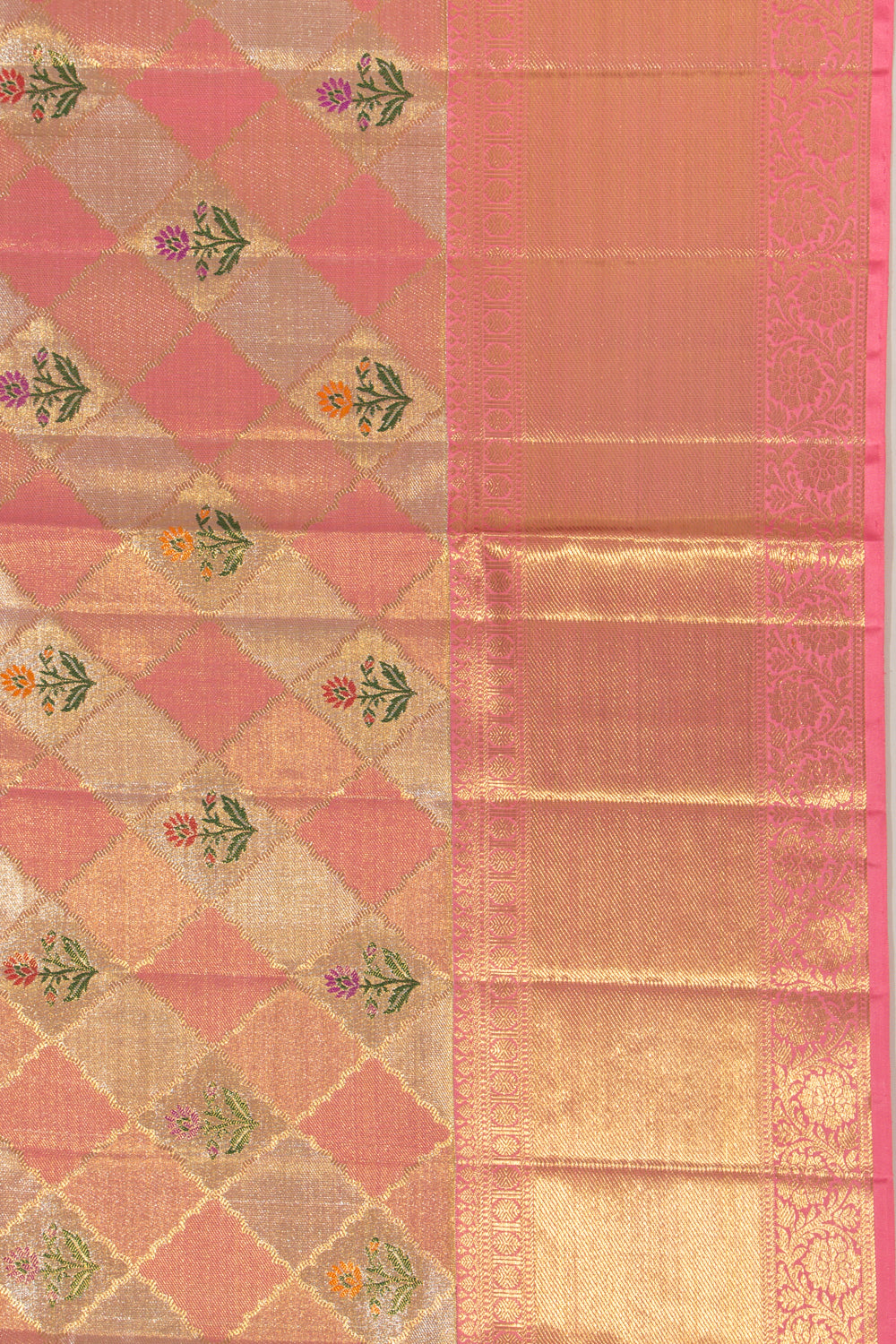 Kanchipuram Silk Tissue Butta Pink And Silver Saree