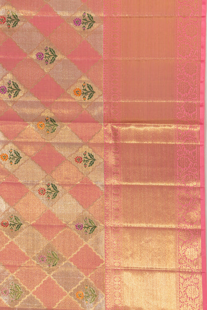Kanchipuram Silk Tissue Butta Pink And Silver Saree