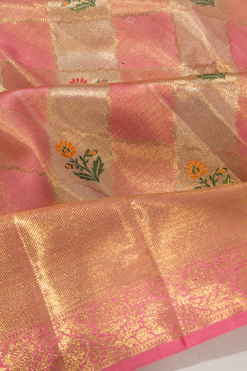 Kanchipuram Silk Tissue Butta Pink And Silver Saree